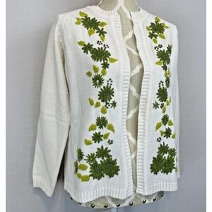 Womens VINTAGE Embroidered White Green Floral SWEATER Rockabilly‎ 60's Size M L
